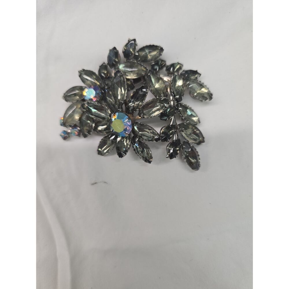 Vintage 1950s-1960s Smoky Gray AB Rhinestone Floral Spray Brooch